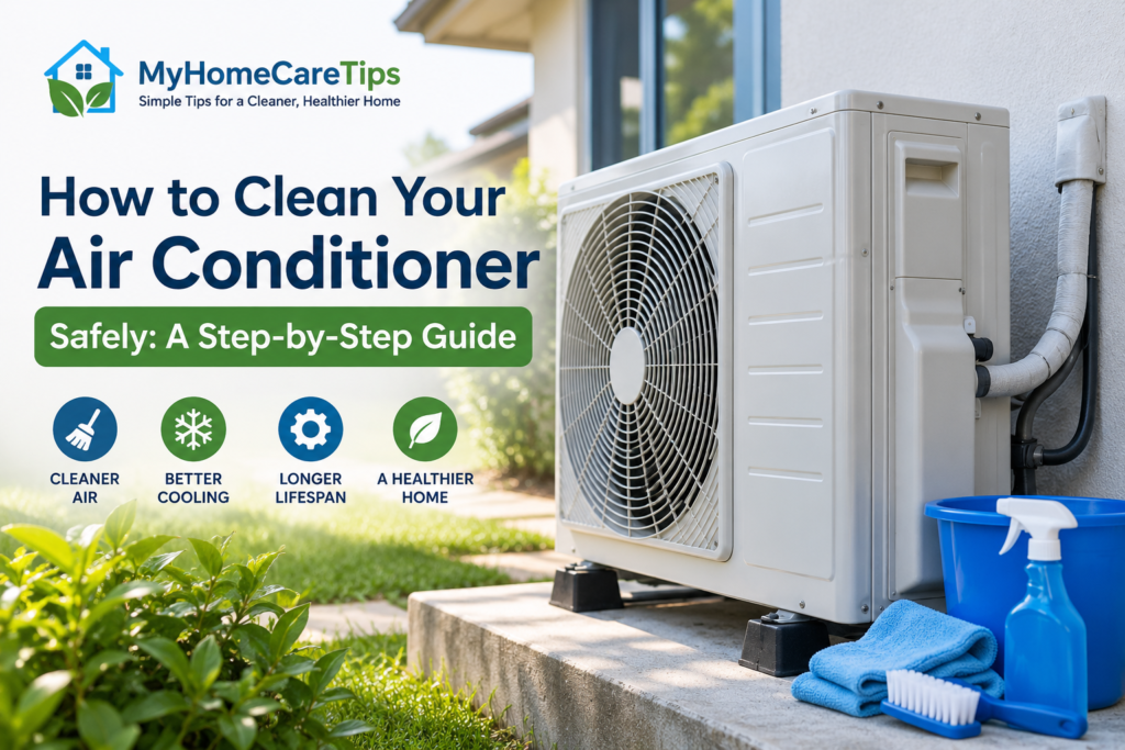 Outdoor air conditioner unit with cleaning supplies for safe AC
maintenance.