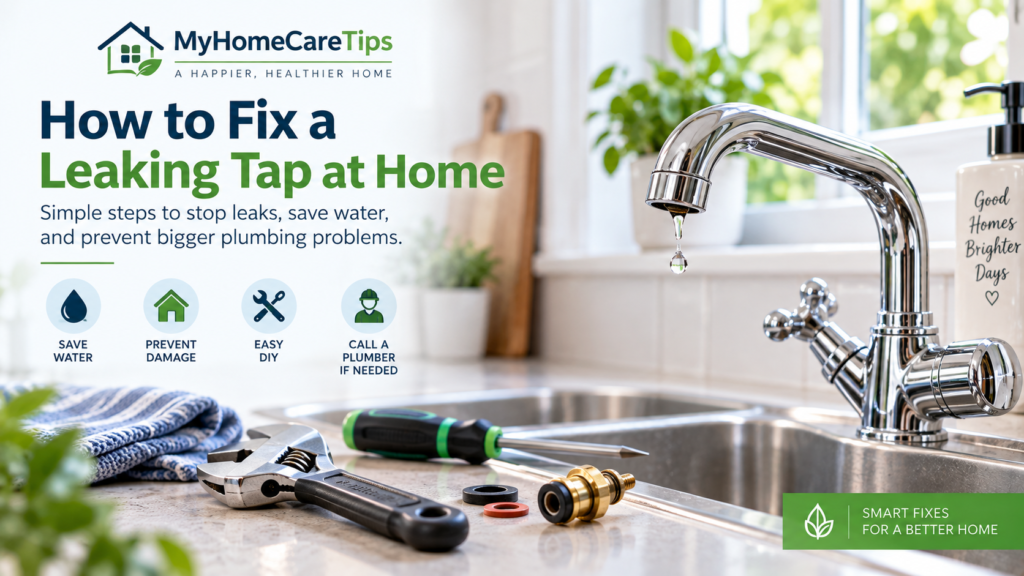 Leaking tap with repair tools for fixing a dripping faucet at home