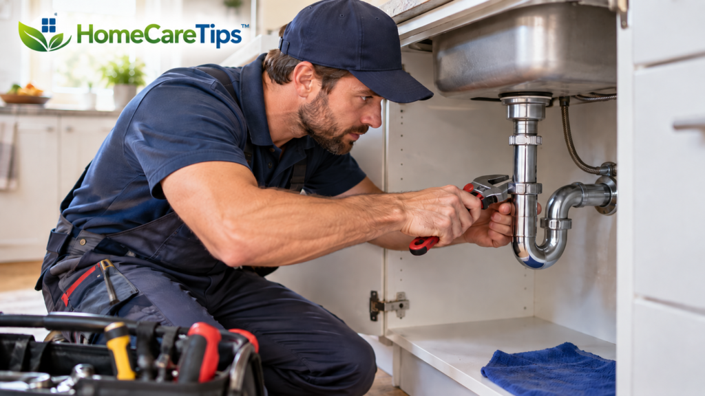 Professional plumber repairing a sink pipe in a home