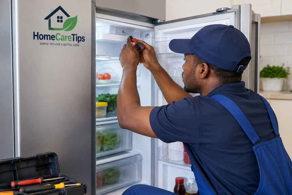 Professional technician repairing a refrigerator in a modern kitchen.