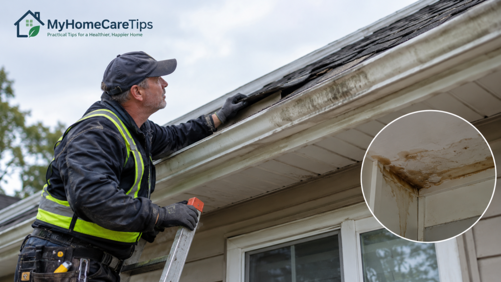 Professional roofer inspecting and repairing a damaged house roof with MyHomeCareTips branding