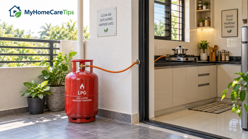 A gas cylinder seating outside the kitchen with myhomecaretips brand