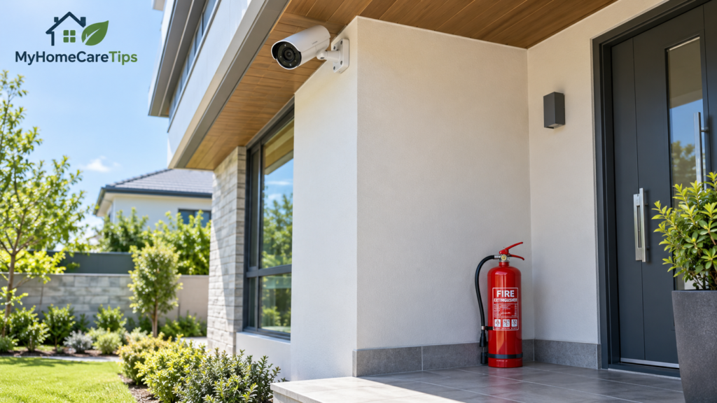 seat out with camera and fire extinguisher with myhomecaretips brand