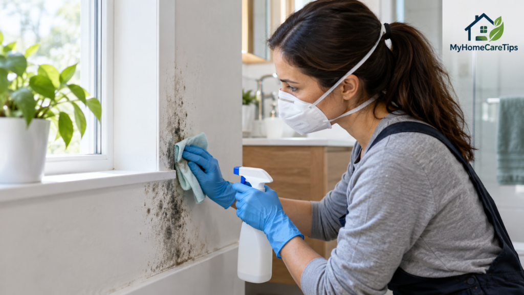 Woman wearing gloves and a protective mask cleaning mold from a wall near a window.