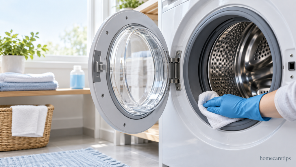 a washing maching beaing cleaned by a technician